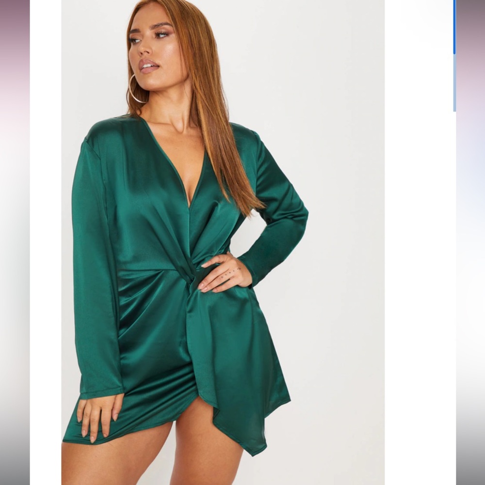 PLUS SIZE Emerald Green Satin Wrap Dress